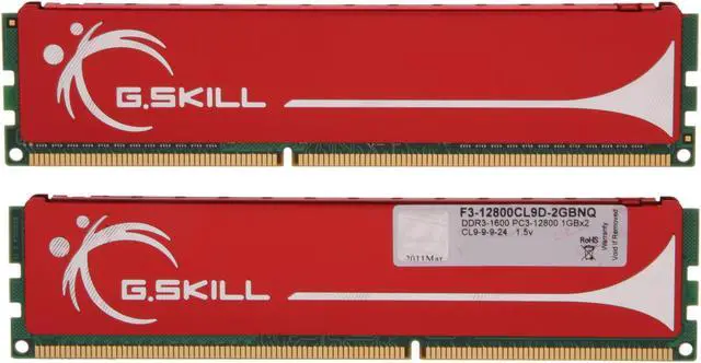 Alt view image 2 of 3 - G.SKILL 2GB (2 x 1GB) DDR3 1600 (PC3 12800) Dual Channel Kit Desktop Memory Model F3-12800CL9D-2GBNQ