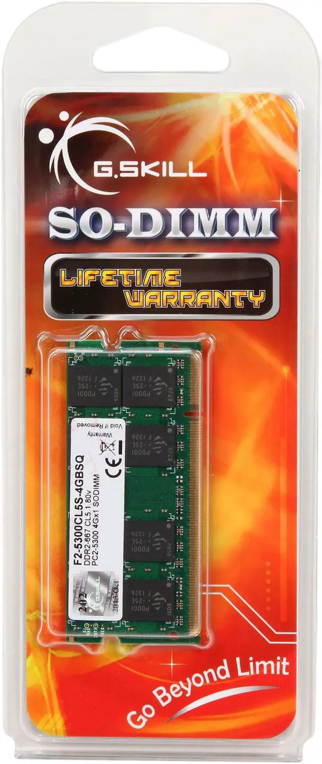 Alt view image 3 of 3 - G.SKILL 4GB 200-Pin DDR2 SO-DIMM DDR2 667 (PC2 5300) Laptop Memory Model F2-5300CL5S-4GBSQ