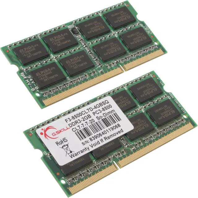 Main image of G.SKILL 4GB (2 x 2GB) 204-Pin DDR3 SO-DIMM DDR3 1066 (PC3 8500) Dual Channel Kit Laptop Memory Model F3-8500CL7D-4GBSQ