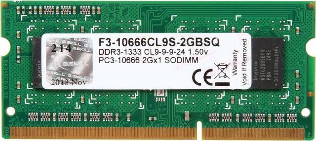 Main image of G.SKILL 2GB 204-Pin DDR3 SO-DIMM DDR3 1333 (PC3 10666) Laptop Memory Model F3-10666CL9S-2GBSQ