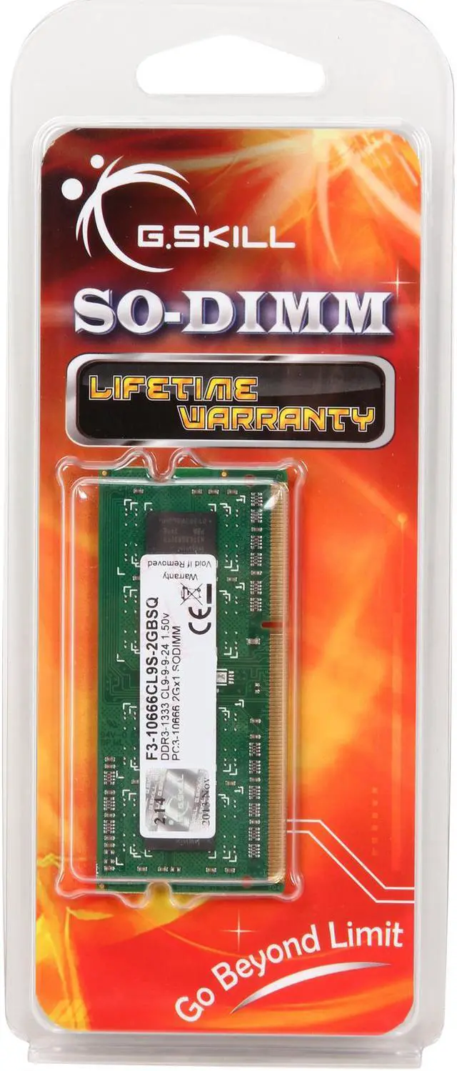 Alt view image 3 of 3 - G.SKILL 2GB 204-Pin DDR3 SO-DIMM DDR3 1333 (PC3 10666) Laptop Memory Model F3-10666CL9S-2GBSQ