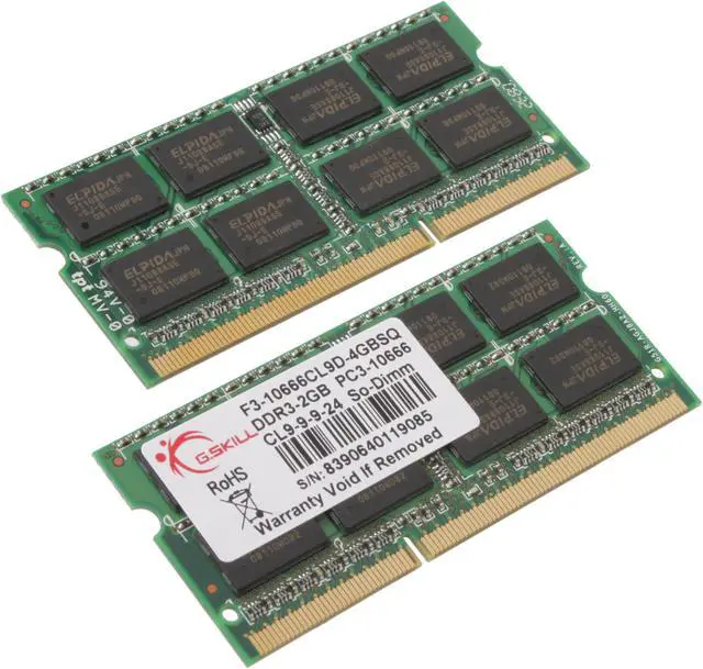 Main image of G.SKILL 4GB (2 x 2GB) 204-Pin DDR3 SO-DIMM DDR3 1333 (PC3 10666) Dual Channel Kit Laptop Memory Model F3-10666CL9D-4GBSQ