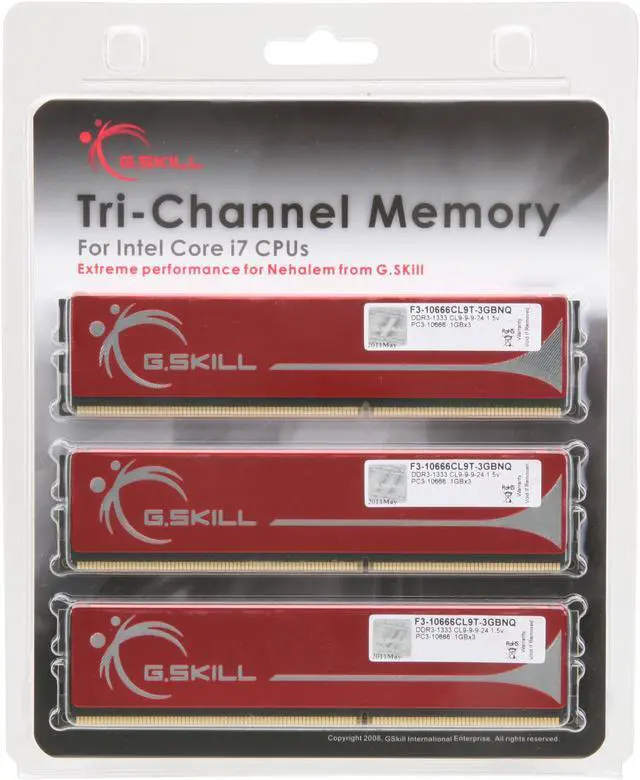 Alt view image 3 of 3 - G.SKILL 3GB (3 x 1GB) DDR3 1333 (PC3 10666) Triple Channel Kit Desktop Memory Model F3-10666CL9T-3GBNQ