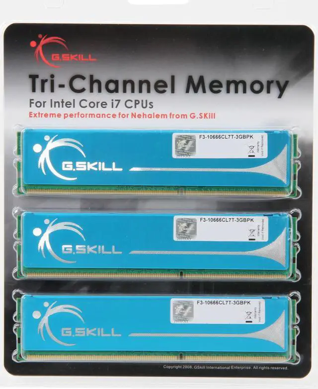 Alt view image 3 of 3 - G.SKILL 3GB (3 x 1GB) DDR3 1333 (PC3 10666) Triple Channel Kit Desktop Memory Model F3-10666CL7T-3GBPK
