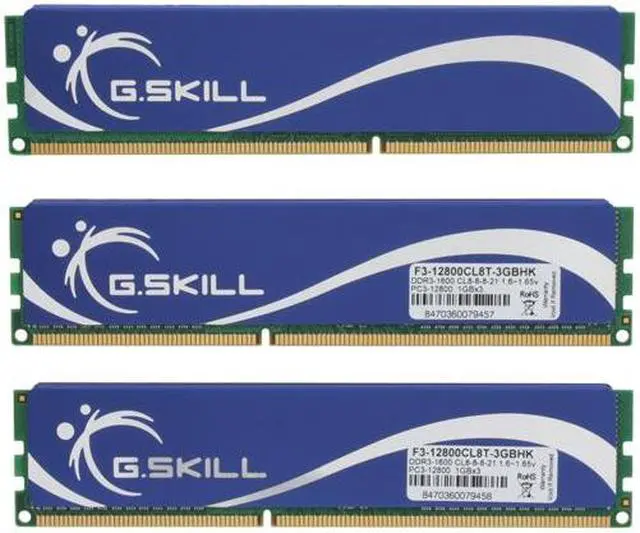 Alt view image 2 of 3 - G.SKILL 3GB (3 x 1GB) DDR3 1600 (PC3 12800) Triple Channel Kit Desktop Memory Model F3-12800CL8T-3GBHK