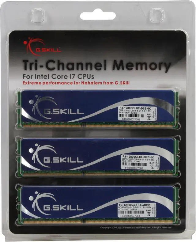 Alt view image 3 of 3 - G.SKILL 6GB (3 x 2GB) DDR3 1600 (PC3 12800) Triple Channel Kit Desktop Memory Model F3-12800CL8T-6GBHK