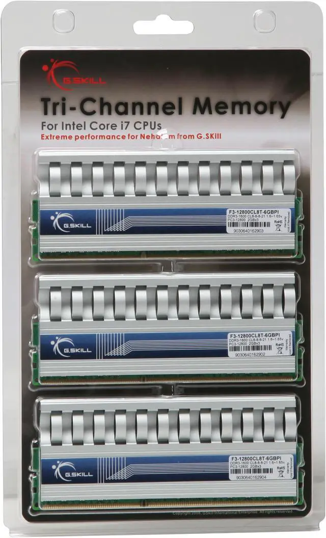 Alt view image 3 of 3 - G.SKILL 6GB (3 x 2GB) DDR3 1600 (PC3 12800) Triple Channel Kit Desktop Memory Model F3-12800CL8T-6GBPI