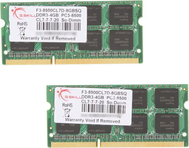 Main image of G.SKILL 8GB (2 x 4GB) 204-Pin DDR3 SO-DIMM DDR3 1066 (PC3 8500) Laptop Memory Model F3-8500CL7D-8GBSQ