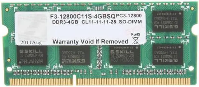 Main image of G.SKILL 4GB 204-Pin DDR3 SO-DIMM DDR3 1600 (PC3 12800) Laptop Memory Model F3-12800CL11S-4GBSQ