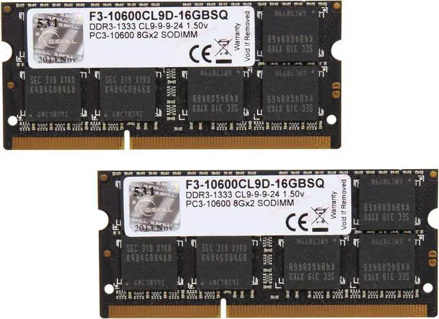 Main image of G.SKILL 16GB (2 x 8GB) 204-Pin DDR3 SO-DIMM DDR3 1333 (PC3 10600) Laptop Memory Model F3-10600CL9D-16GBSQ