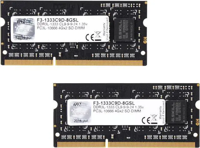 Main image of G.SKILL 8GB (2 x 4GB) 204-Pin DDR3 SO-DIMM DDR3L 1333 (PC3L 10666) Laptop Memory Model F3-1333C9D-8GSL