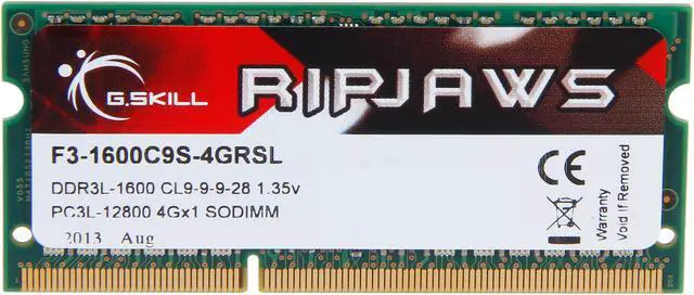 Alt view image 2 of 3 - G.SKILL Ripjaws Series 4GB 204-Pin DDR3 SO-DIMM DDR3L 1600 (PC3L 12800) Laptop Memory Model F3-1600C9S-4GRSL
