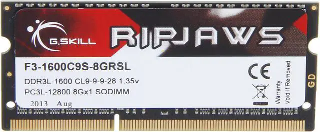 Alt view image 2 of 3 - G.SKILL Ripjaws Series 8GB 204-Pin DDR3 SO-DIMM DDR3L 1600 (PC3L 12800) Laptop Memory Model F3-1600C9S-8GRSL