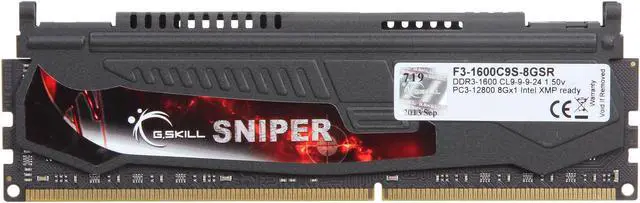 Alt view image 2 of 3 - G.SKILL Sniper Series 8GB DDR3 1600 (PC3 12800) Desktop Memory Model F3-1600C9S-8GSR
