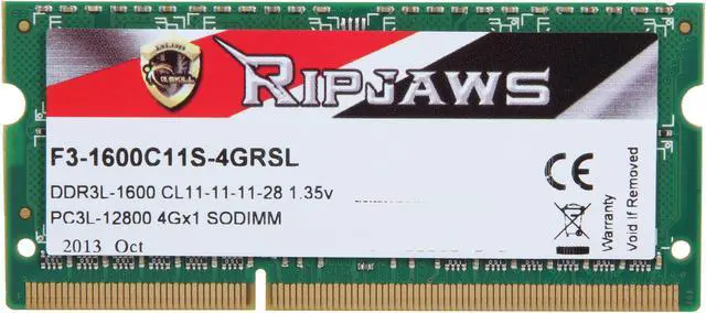 Alt view image 2 of 3 - G.SKILL Ripjaws Series 4GB 204-Pin DDR3 SO-DIMM DDR3L 1600 (PC3L 12800) Laptop Memory Model F3-1600C11S-4GRSL