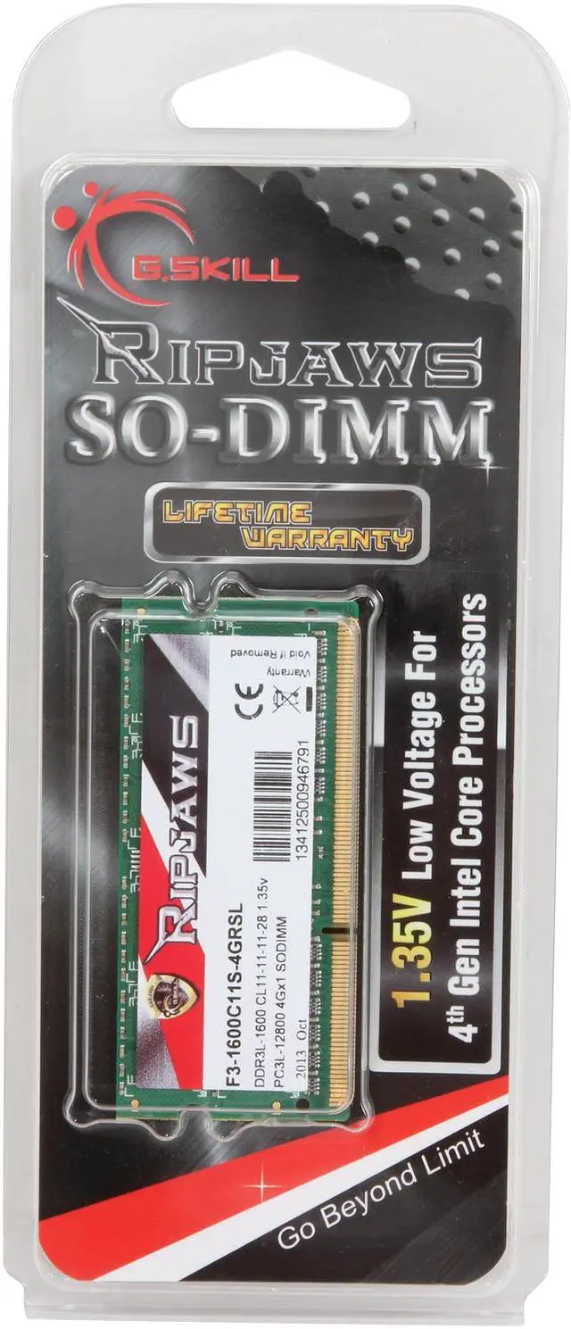 Alt view image 3 of 3 - G.SKILL Ripjaws Series 4GB 204-Pin DDR3 SO-DIMM DDR3L 1600 (PC3L 12800) Laptop Memory Model F3-1600C11S-4GRSL