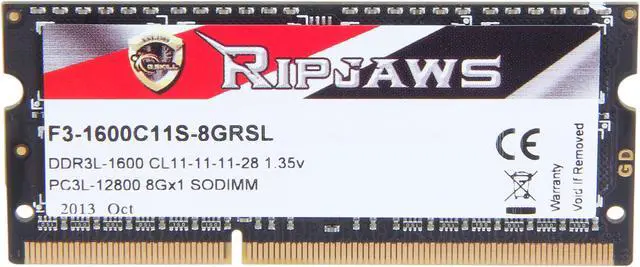 Alt view image 2 of 3 - G.SKILL Ripjaws Series 8GB 204-Pin DDR3 SO-DIMM DDR3L 1600 (PC3L 12800) Laptop Memory Model F3-1600C11S-8GRSL