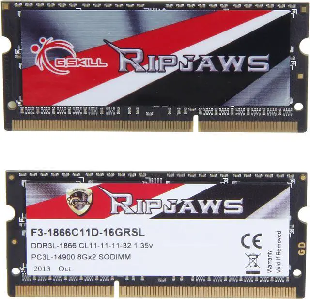 Alt view image 2 of 3 - G.SKILL Ripjaws Series 16GB (2 x 8GB) 204-Pin DDR3 SO-DIMM DDR3L 1866 (PC3L 14900) Laptop Memory Model F3-1866C11D-16GRSL