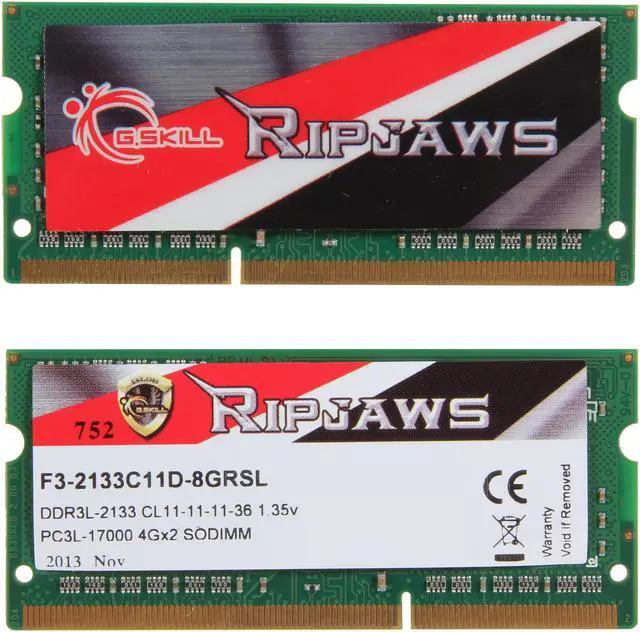 Alt view image 2 of 3 - G.SKILL Ripjaws Series 8GB (2 x 4GB) 204-Pin DDR3 SO-DIMM DDR3L 2133 (PC3L 17000) Laptop Memory Model F3-2133C11D-8GRSL