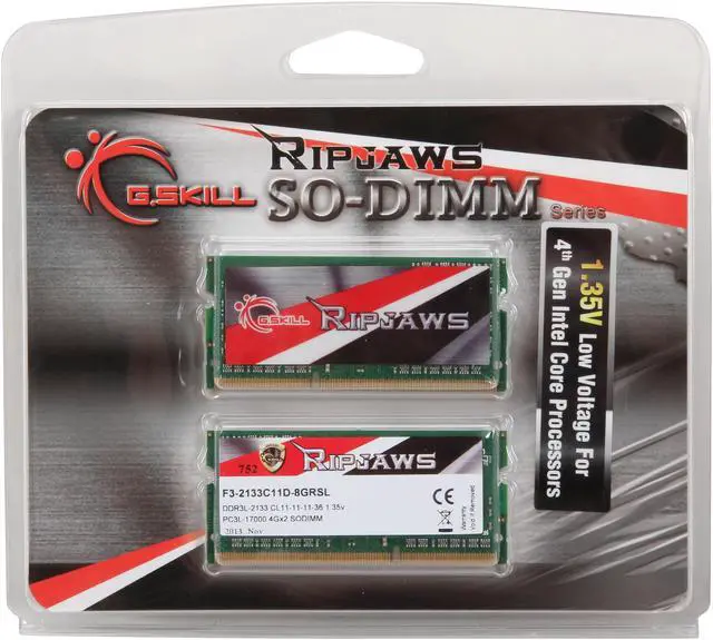 Alt view image 3 of 3 - G.SKILL Ripjaws Series 8GB (2 x 4GB) 204-Pin DDR3 SO-DIMM DDR3L 2133 (PC3L 17000) Laptop Memory Model F3-2133C11D-8GRSL