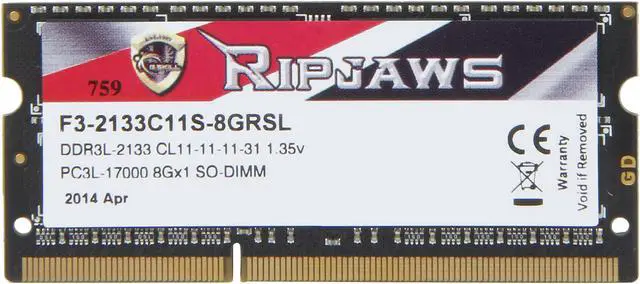 Alt view image 2 of 3 - G.SKILL Ripjaws Series 8GB 204-Pin DDR3 SO-DIMM DDR3L 2133 (PC3L 17000) Laptop Memory Model F3-2133C11S-8GRSL
