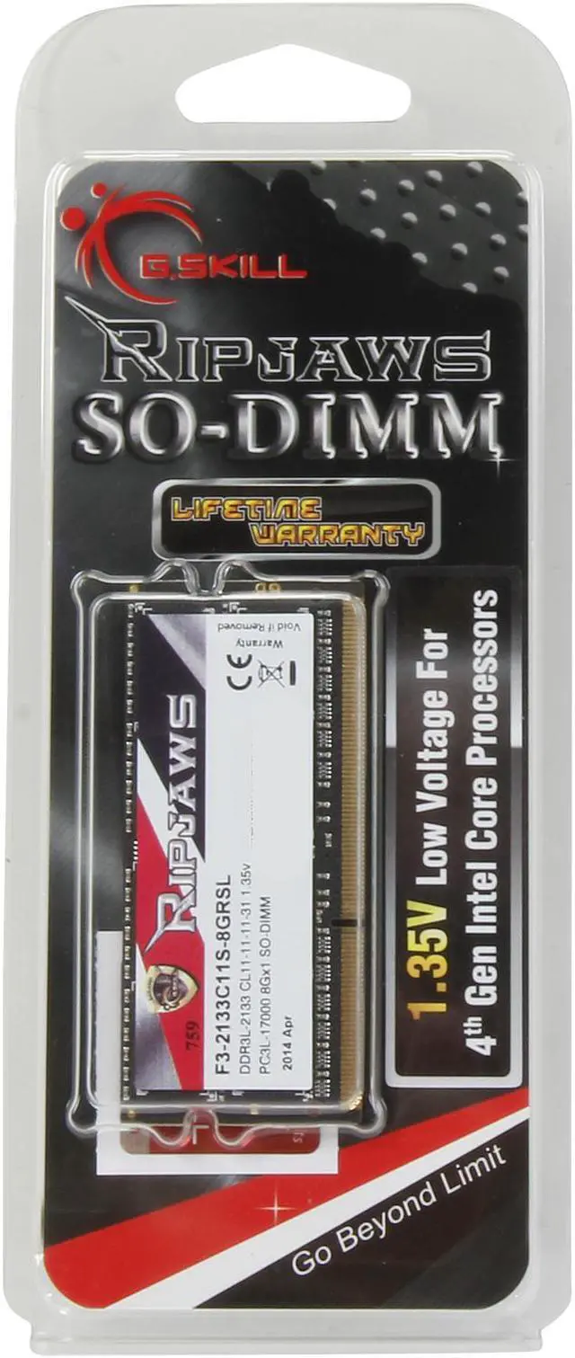 Alt view image 3 of 3 - G.SKILL Ripjaws Series 8GB 204-Pin DDR3 SO-DIMM DDR3L 2133 (PC3L 17000) Laptop Memory Model F3-2133C11S-8GRSL