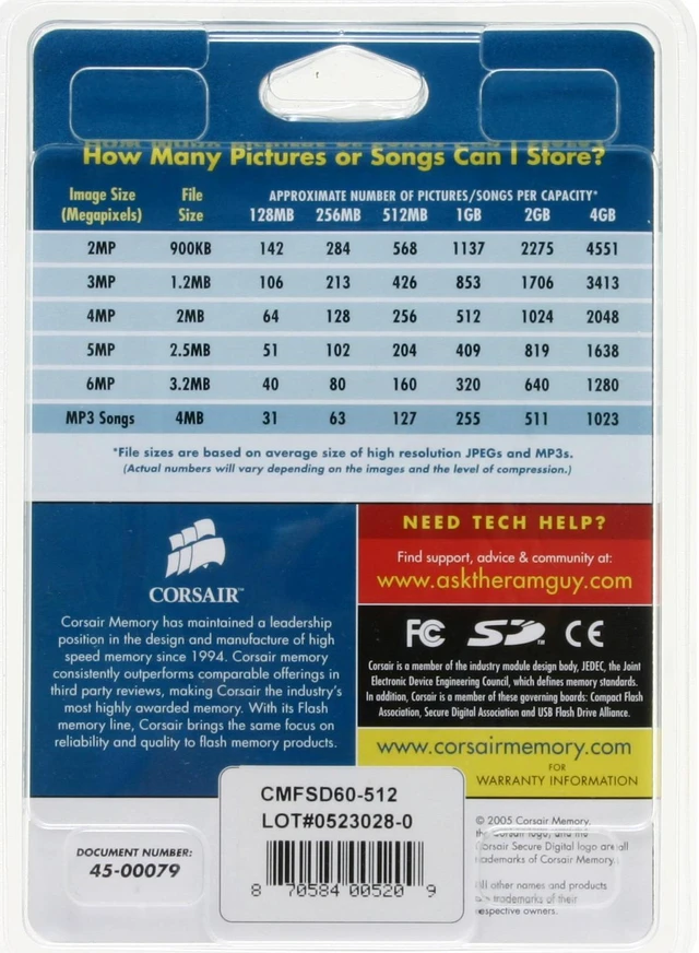 Alt view image 2 of 2 - CORSAIR 512MB Secure Digital (SD) Flash Card Model CMFSD60-512
