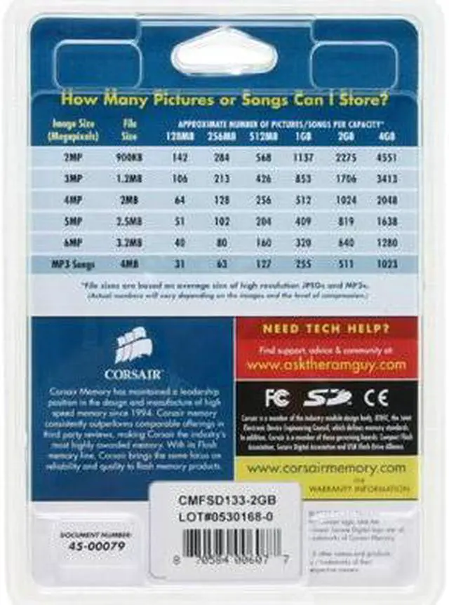 Alt view image 3 of 3 - CORSAIR 2GB Secure Digital (SD) Flash Card Model CMFSD133-2GB