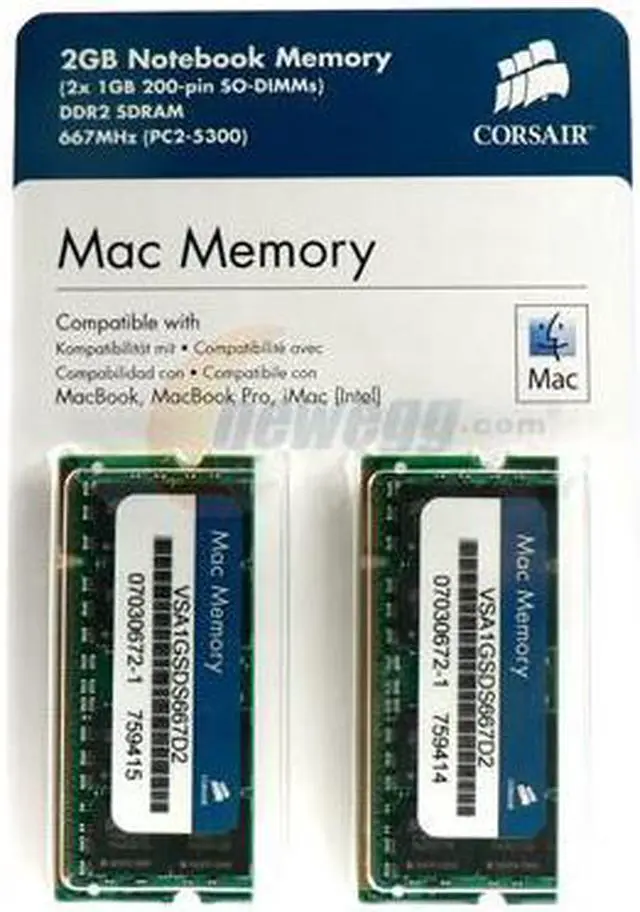 Alt view image 3 of 3 - CORSAIR 2GB (2 x 1GB) DDR2 667 (PC2 5300) Dual Channel Kit Memory for Apple Notebook Model VSA2GSDSKIT667D2