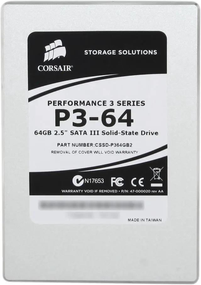 Alt view image 3 of 6 - Corsair Performance 3 Series 2.5" 64GB SATA III MLC Internal Solid State Drive (SSD) CSSD-P364GB2-BRKT