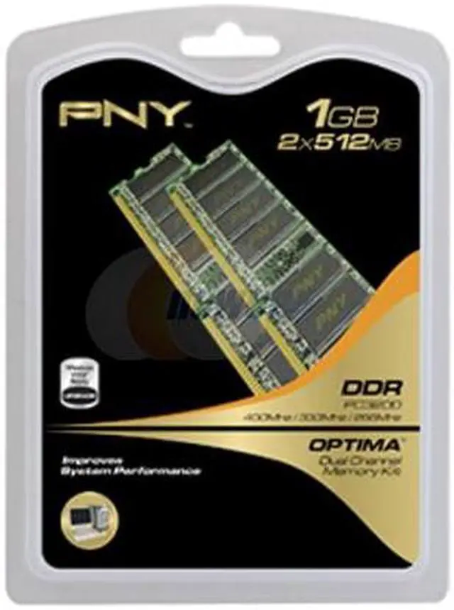 Main image of PNY Optima 1GB (2 x 512MB) DDR 400 (PC 3200) Dual Channel Kit Desktop Memory Model MD1024KD1-400