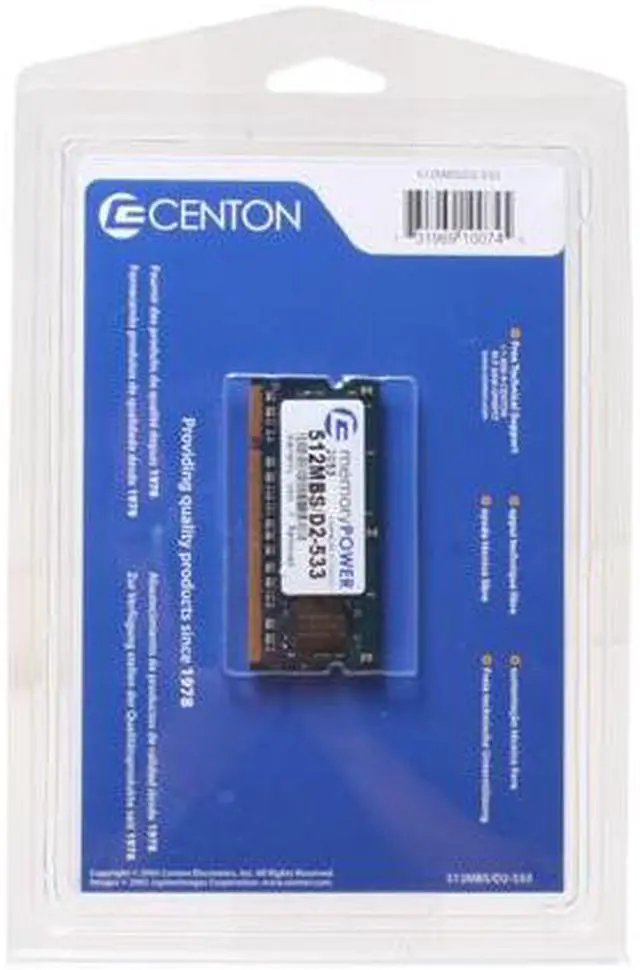 Alt view image 2 of 2 - CENTON 512MB 200-Pin DDR2 SO-DIMM DDR2 533 (PC2 4200) Laptop Memory Model 512MBS/D2-533