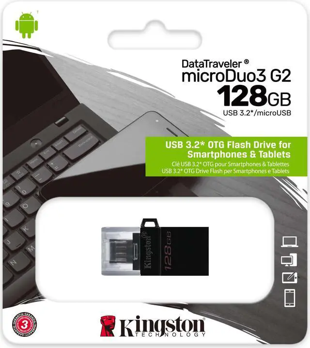 Alt view image 2 of 2 - Kingston DataTraveler microDuo 3.0 G2 128GB USB Flash Drive + microUSB (Android/OTG) Canada Retail Model DTDUO3G2/128GBCR