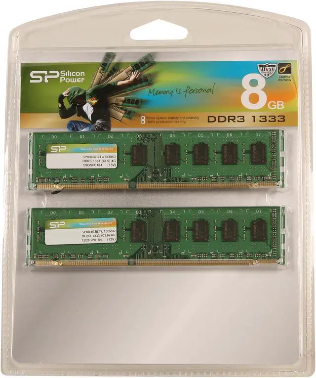 Alt view image 3 of 3 - Silicon Power 8GB (2 x 4GB) DDR3 1333 (PC3 10600) Desktop Memory Model SP008GBLTU133V22