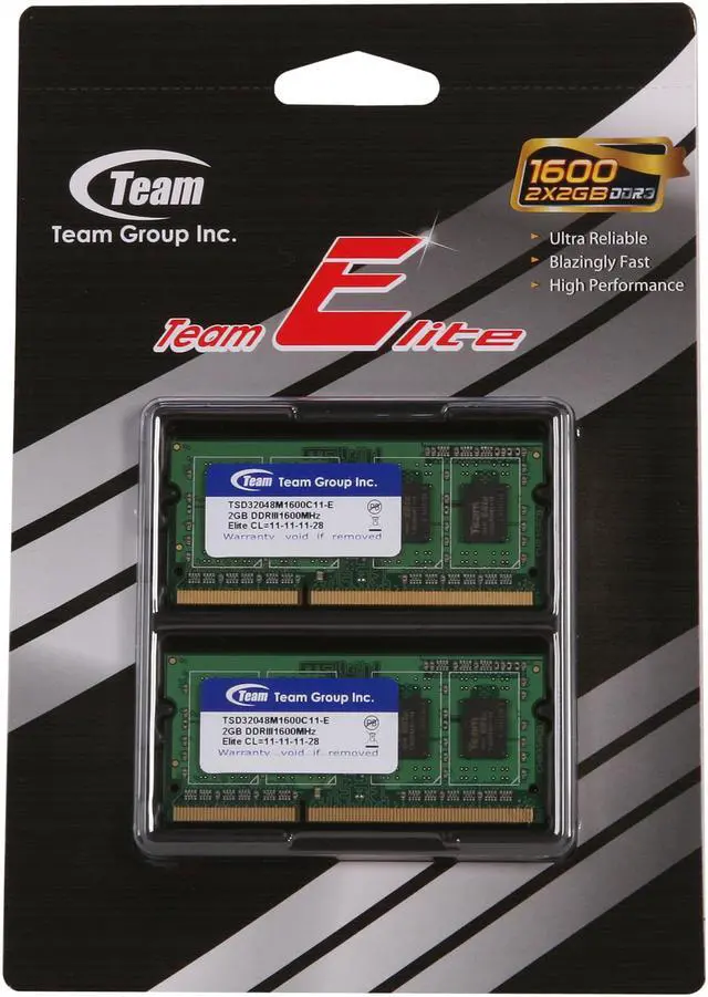 Alt view image 3 of 3 - Team 4GB (2 x 2GB) 204-Pin DDR3 SO-DIMM DDR3 1600 Laptop Memory Model TSD34096M1600C11DC-E