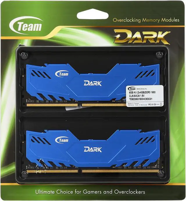 Alt view image 3 of 3 - Team Dark Series 8GB (2 x 4GB) DDR3 1600 (PC3 12800) Desktop Memory (Blue Heat Spreader) Model TDBD38G1600HC9DC01