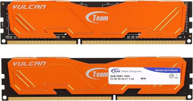 Alt view image 2 of 3 - Team Vulcan 16GB (2 x 8GB) DDR3 1600 (PC3 12800) Desktop Memory (Orange Heat Spreader) Model TLAD316G1600HC10ADC01