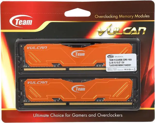 Alt view image 3 of 3 - Team Vulcan 16GB (2 x 8GB) DDR3 1600 (PC3 12800) Desktop Memory (Orange Heat Spreader) Model TLAD316G1600HC10ADC01