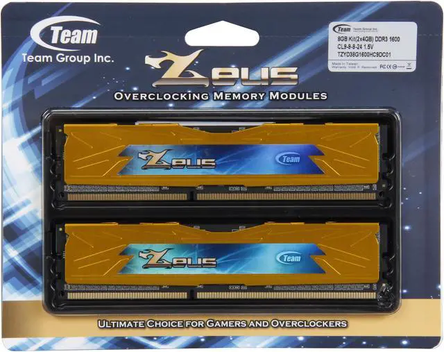 Alt view image 4 of 4 - Team Zeus Yellow 8GB (2 x 4GB) DDR3 1600 (PC3 12800) Desktop Memory Model TZYD38G1600HC9DC01