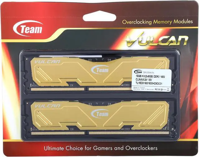 Alt view image 3 of 3 - Team Vulcan 16GB (2 x 8GB) DDR3 1600 (PC3 12800) Desktop Memory Model TLYED316G1600HC9DC01