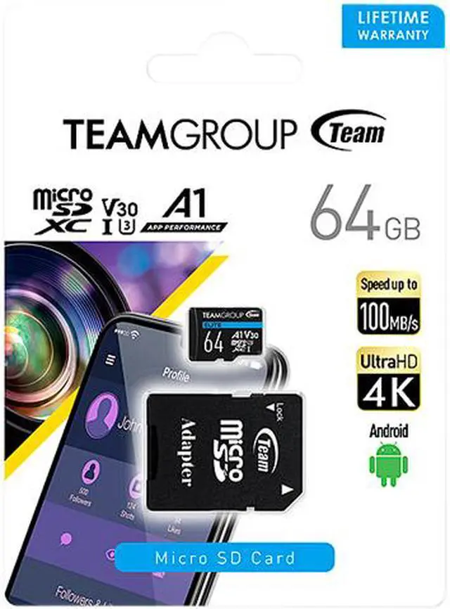 Alt view image 4 of 4 - Team Group 64GB Elite microSDXC UHS-I U3, V30, A1, 4K UHD Micro SD Card with SD Adapter, Speed Up to 100MB/s (TEAUSDX64GIV30A103)