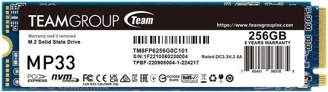 Main image of Team Group MP33 M.2 2280 256GB PCIe 3.0 x4 with NVMe 1.3 3D NAND Internal Solid State Drive (SSD) TM8FP6256G0C101
