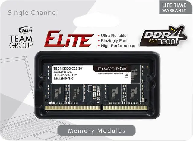 Alt view image 2 of 2 - Team Elite 8GB 260-Pin DDR4 SO-DIMM DDR4 3200 (PC4 25600) Laptop Memory Model TED48G3200C22-S01