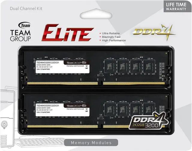 Alt view image 3 of 3 - Team Elite 64GB (2 x 32GB) 288-Pin PC RAM DDR4 3200 (PC4 25600) Desktop Memory Model TED464G3200C22DC01