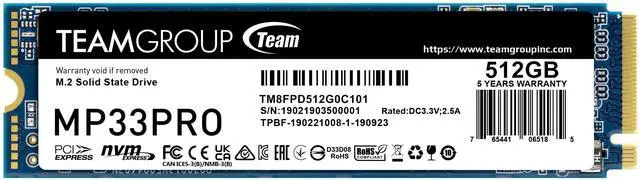Main image of Team Group MP33 PRO M.2 2280 512GB PCIe 3.0 x4 with NVMe 1.3 3D NAND Internal Solid State Drive (SSD) TM8FPD512G0C101
