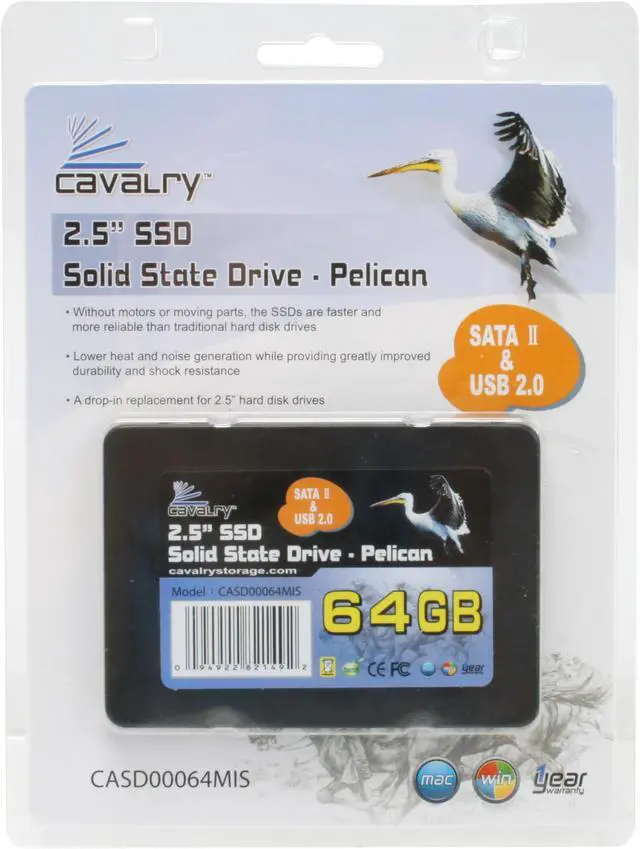 Alt view image 5 of 5 - Cavalry Pelican 2.5" 64GB USB 2.0 & SATAII MLC Internal / External Solid State Drive (SSD) CASD00064MIS