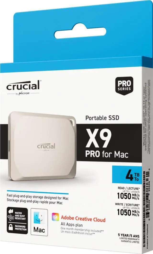 Alt view image 7 of 7 - Crucial X9 Pro for Mac 4TB Portable SSD - Up to 1050MB/s Read and Write - Water and dust Resistant, Mac ready - USB 3.2 External Solid State Drive - CT4000X9PROMACSSD9B