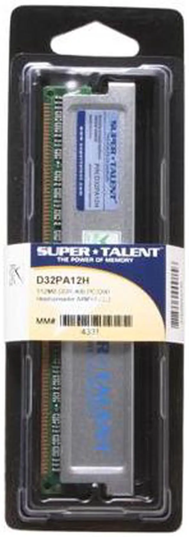 Main image of SUPER TALENT 512MB 184-Pin DDR SDRAM DDR 400 (PC 3200) Desktop Memory Model D32PA12H