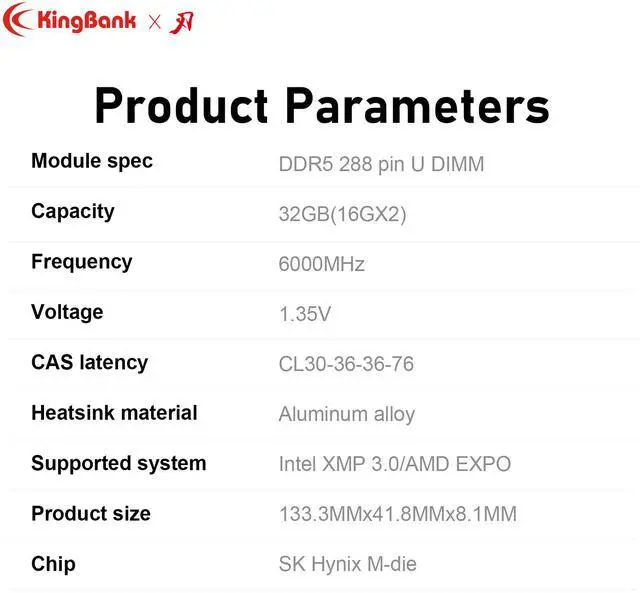 Alt view image 12 of 12 - Kingbank RGB 32GB (2 x 16GB) 288-Pin PC RAM DDR5 6000 (PC5 48000) Desktop Memory Model KRRB16G6000MC30*2