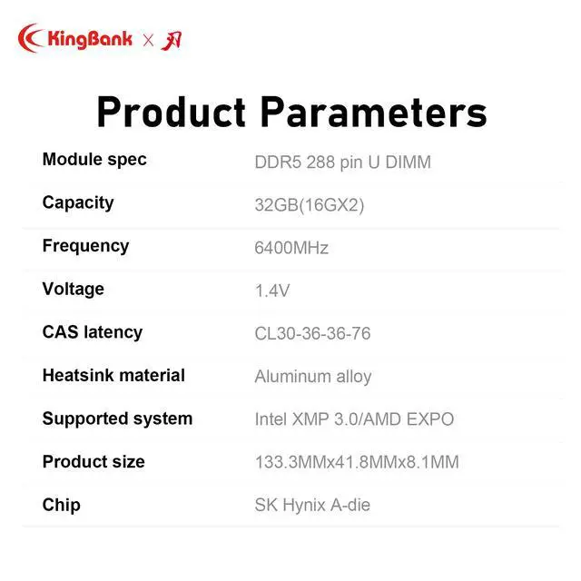 Alt view image 9 of 12 - Kingbank RGB 32GB (2 x 16GB) 288-Pin PC RAM DDR5 6400 (PC5 51200) Desktop Memory Model KRRB16G6400AC30*2
